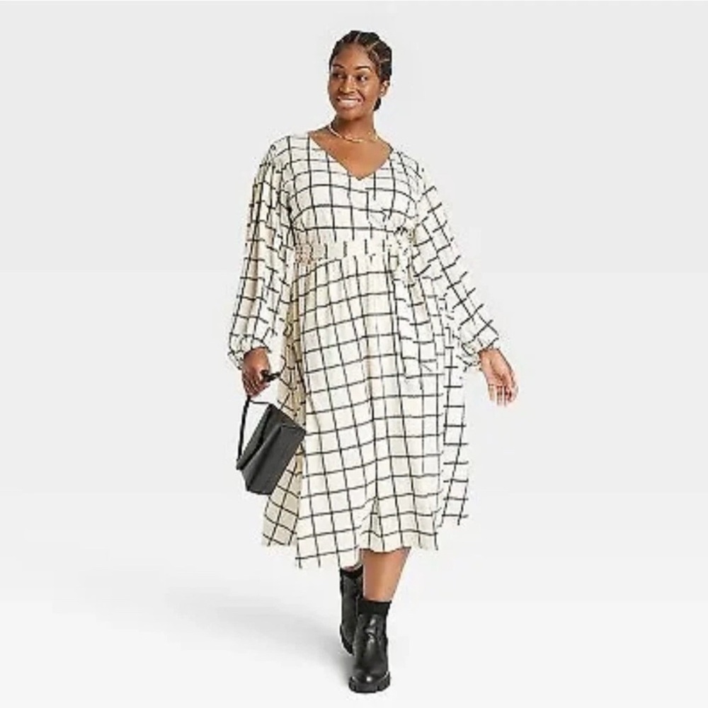 Ava & Viv 1X Cream Black Windowpane Plaid Faux Wrap Midi Dress Balloon Sleeve